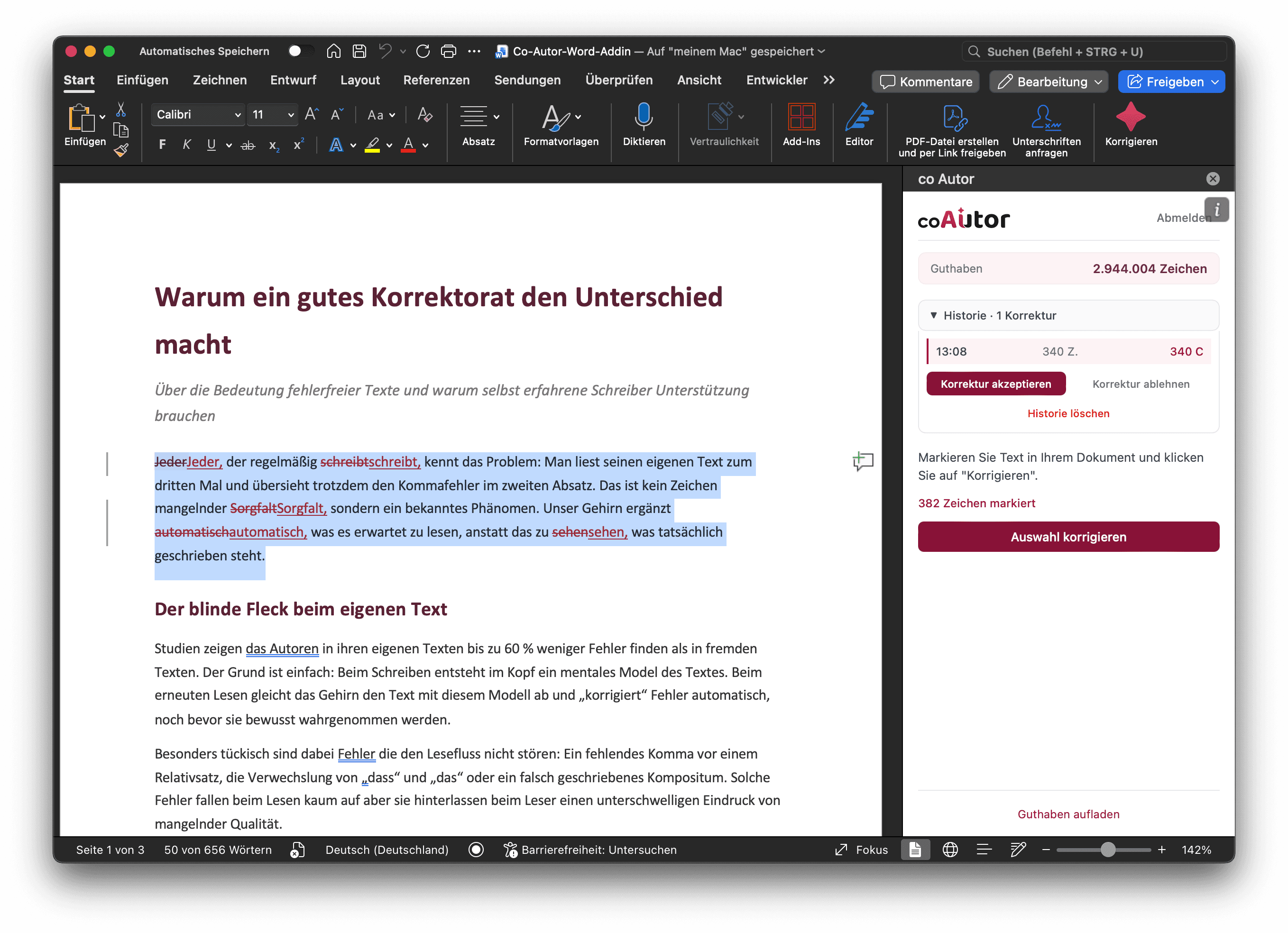 co Autor Word Add-in in Microsoft Word mit Korrekturvorschlägen